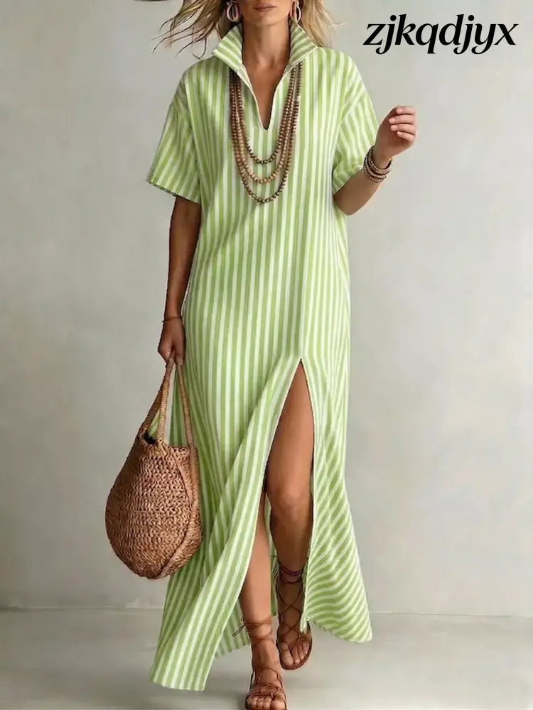 High Slit Coastal Maxi Shirt Dress - Green / S