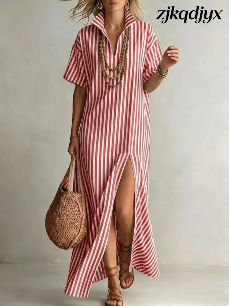 High Slit Coastal Maxi Shirt Dress - Red / S