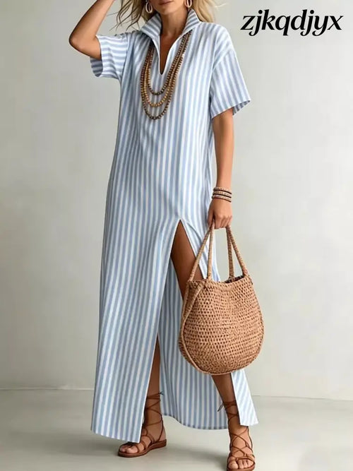 High Slit Coastal Maxi Shirt Dress - Sky Blue / S