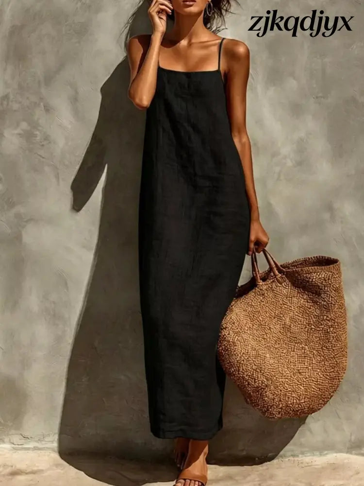 Linen Casual Maxi Dress - Black / S
