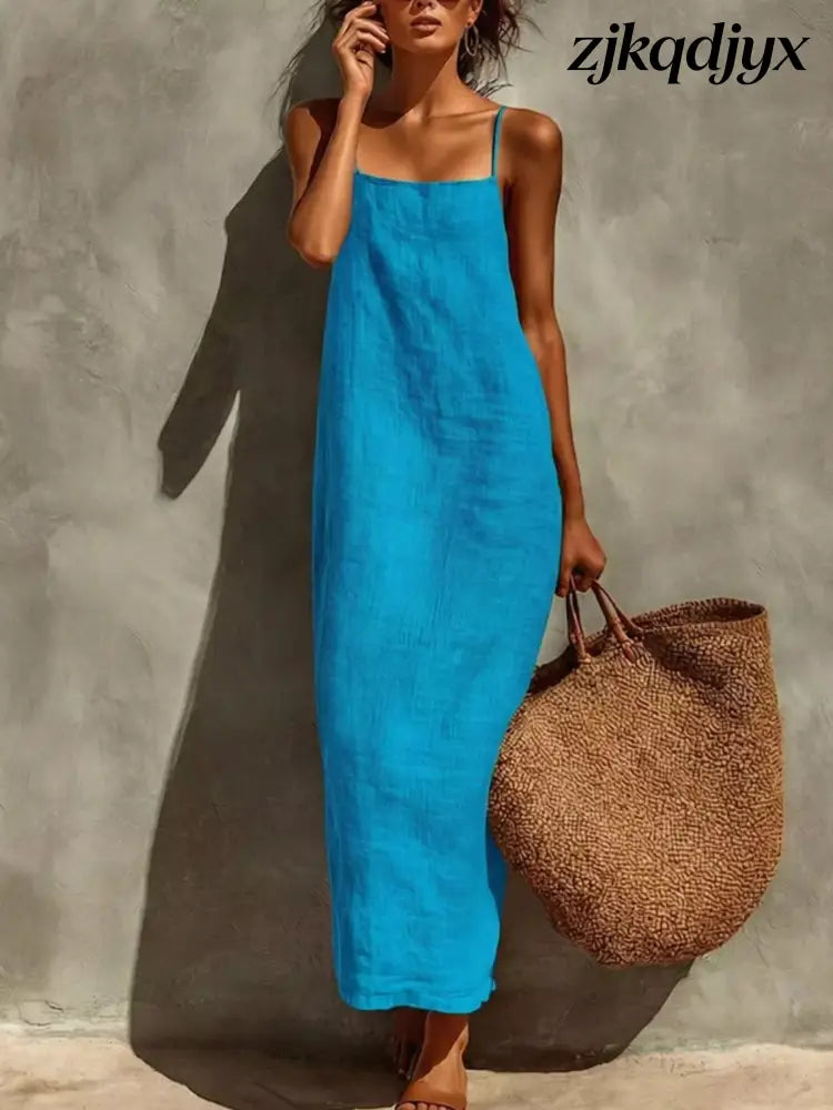 Linen Casual Maxi Dress - Blue / S