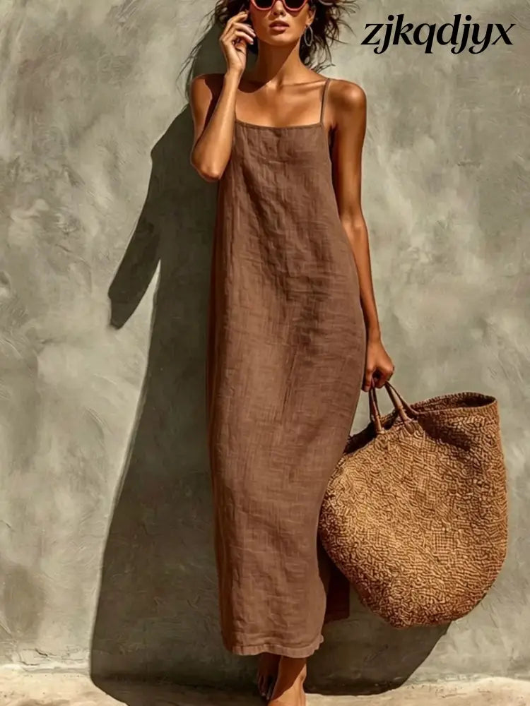 Linen Casual Maxi Dress - Taupe / S
