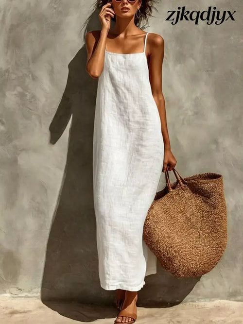 Linen Casual Maxi Dress - White / S