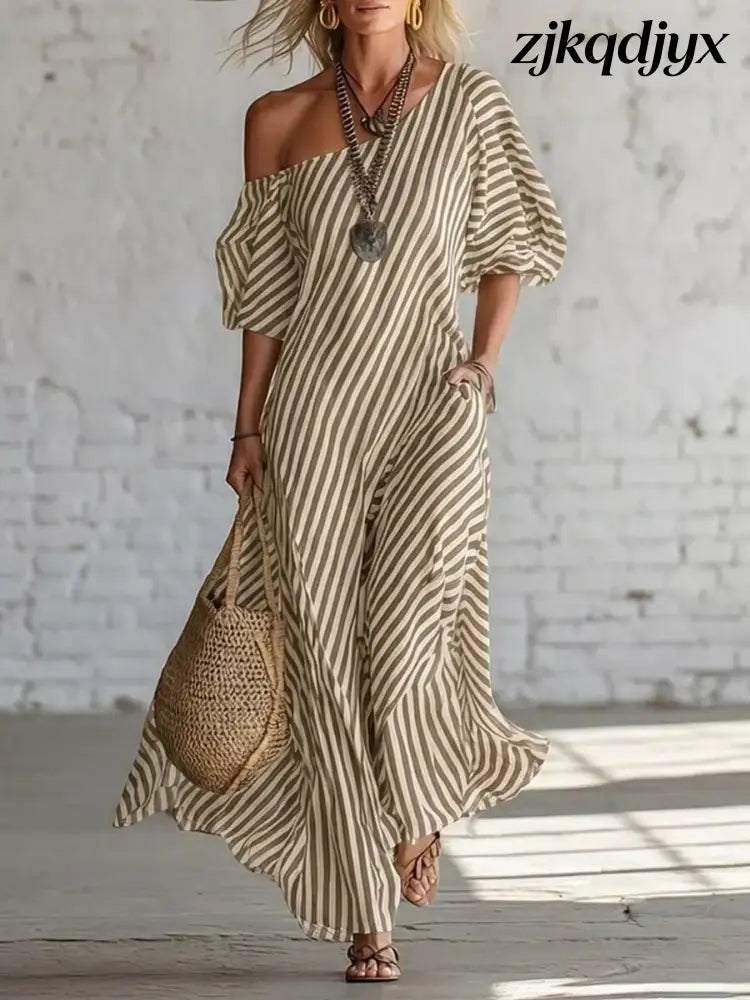 Off The Shoulder Maxi Dress - Khaki / S