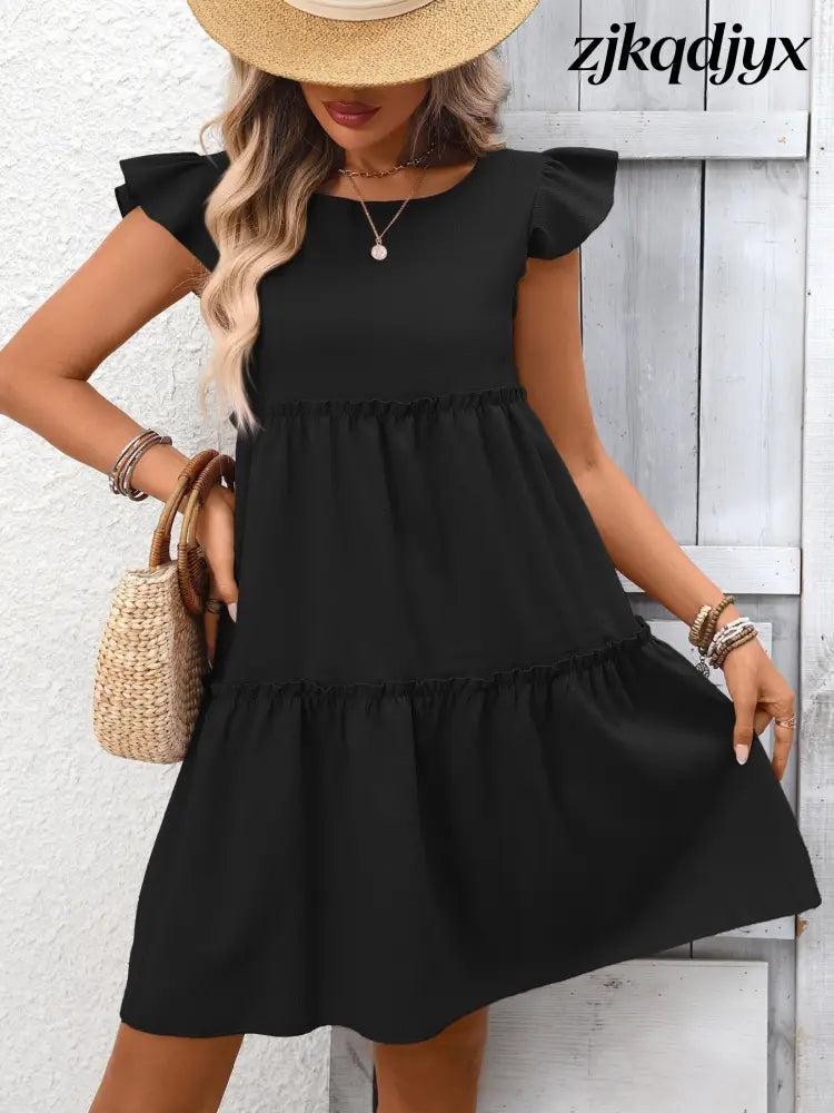 Ruffle Sleeve Mini Dress - Black / S