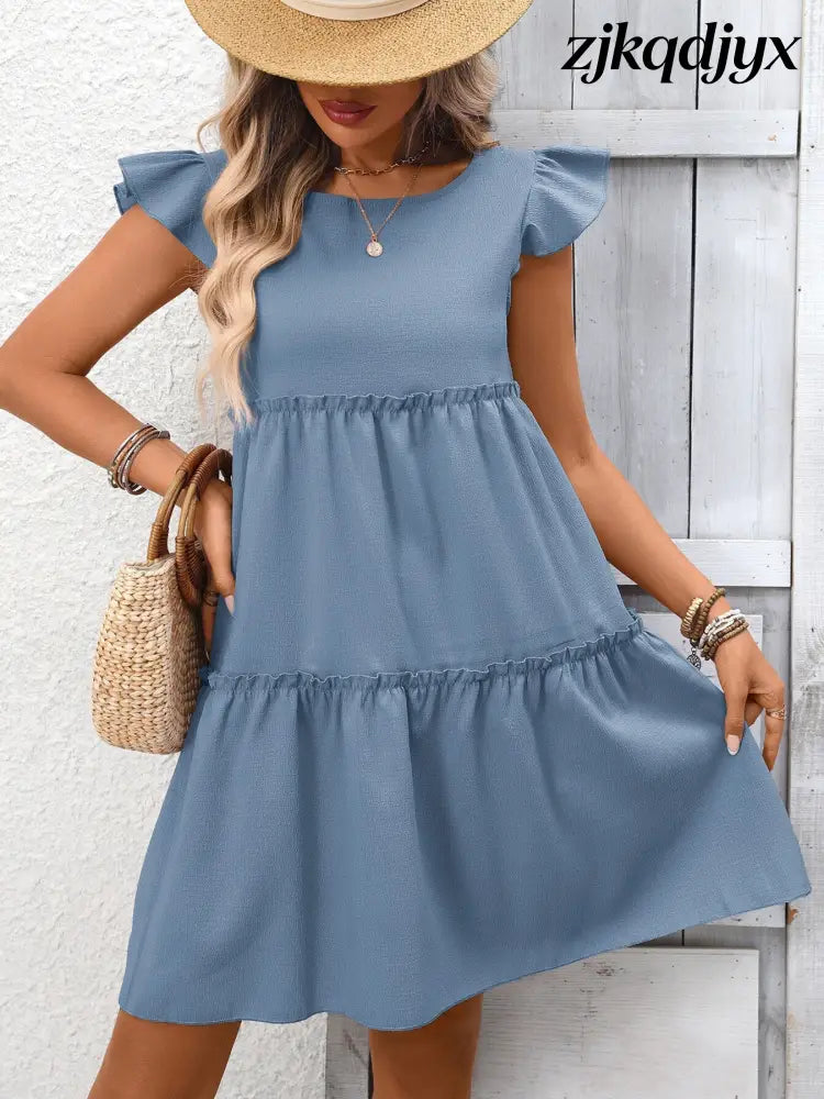 Ruffle Sleeve Mini Dress - Gray Blue / S