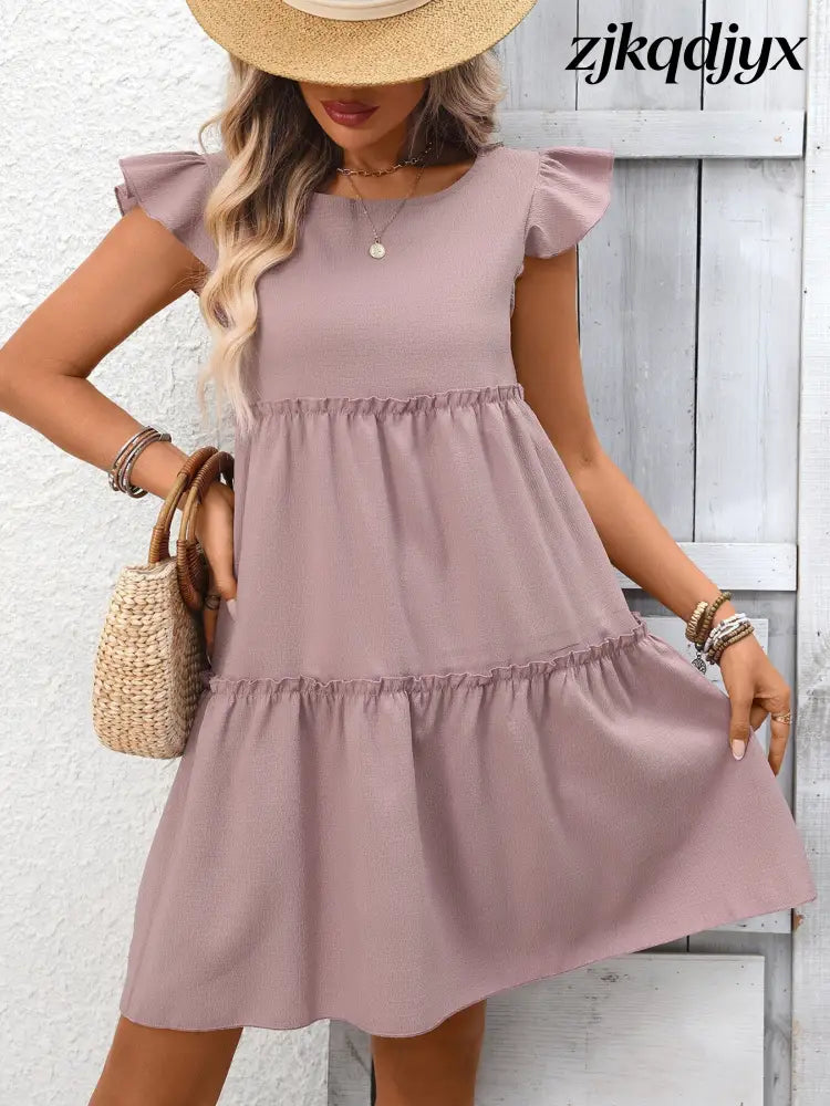 Ruffle Sleeve Mini Dress - Light Purple / S
