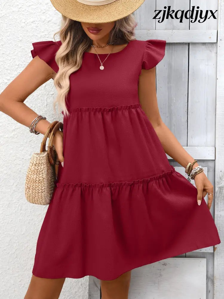 Ruffle Sleeve Mini Dress - Wine Red / S