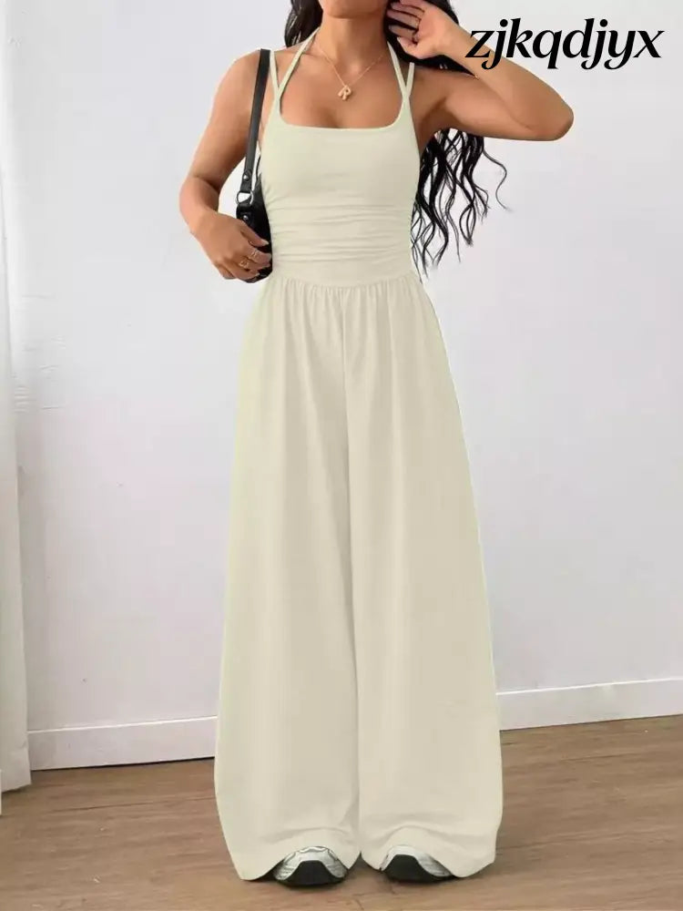 Spaghetti Strap Wide Leg Jumpsuit - Apricot / S