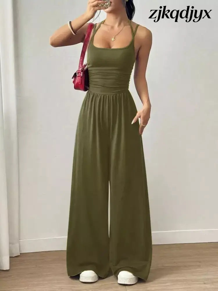 Spaghetti Strap Wide Leg Jumpsuit - Army Green / S
