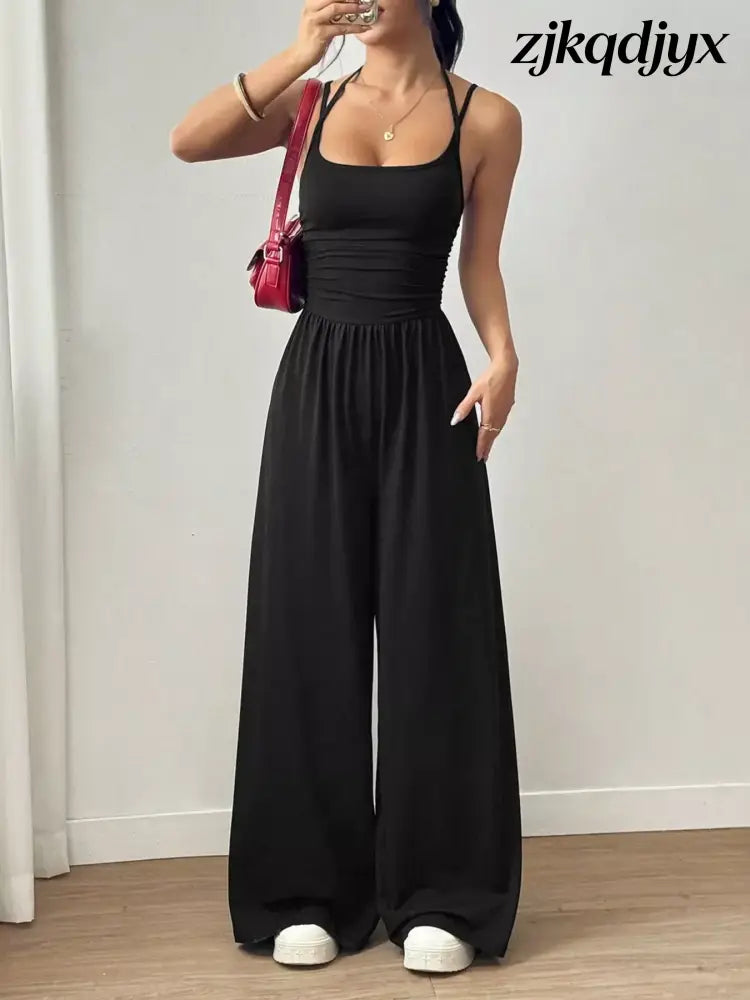 Spaghetti Strap Wide Leg Jumpsuit - Black / S