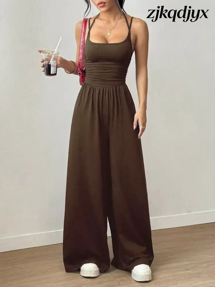 Spaghetti Strap Wide Leg Jumpsuit - Brown / S