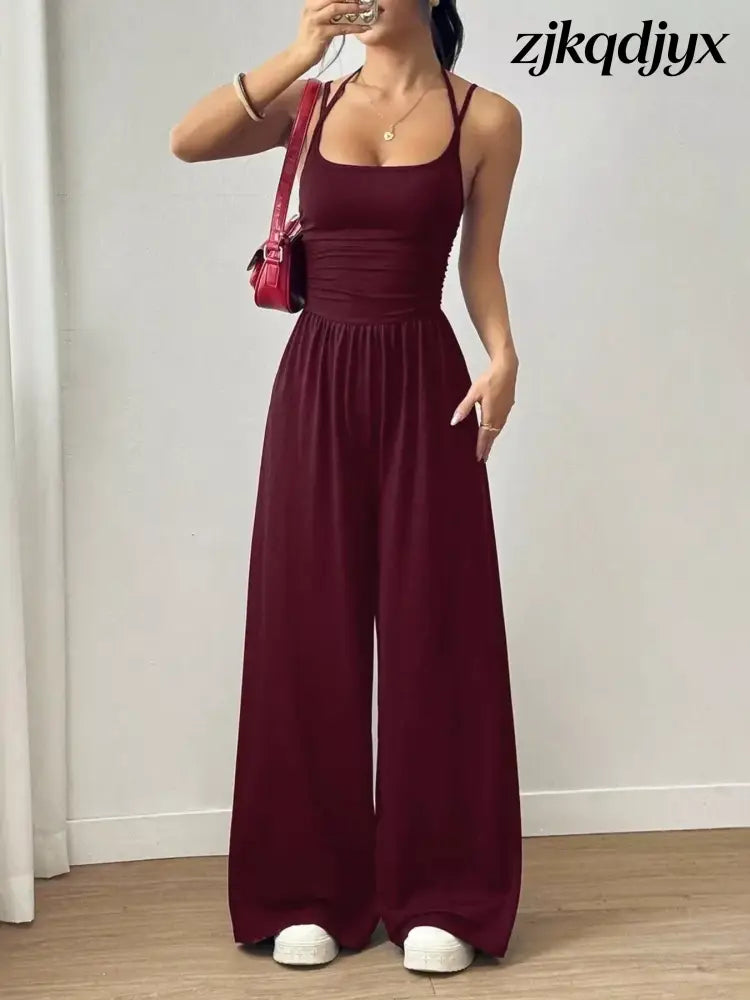 Spaghetti Strap Wide Leg Jumpsuit - Burgundy / S