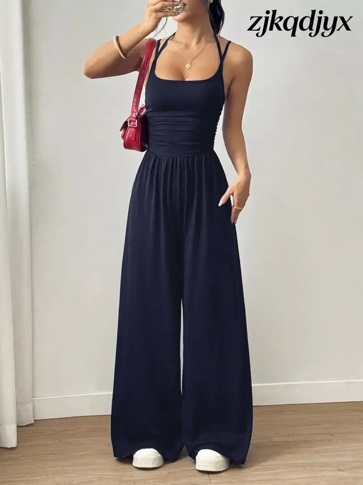 Spaghetti Strap Wide Leg Jumpsuit - Dark Blue / S
