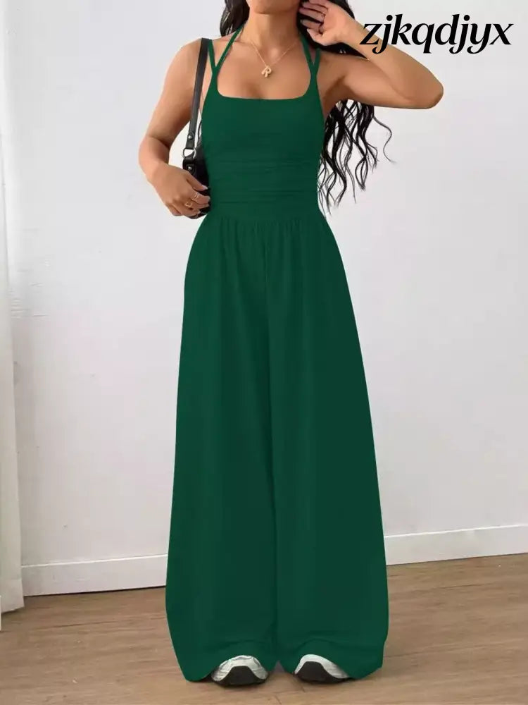 Spaghetti Strap Wide Leg Jumpsuit - Dark Green / S