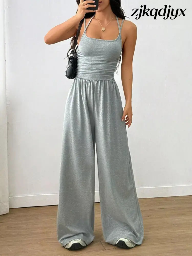 Spaghetti Strap Wide Leg Jumpsuit - Light Gray / S