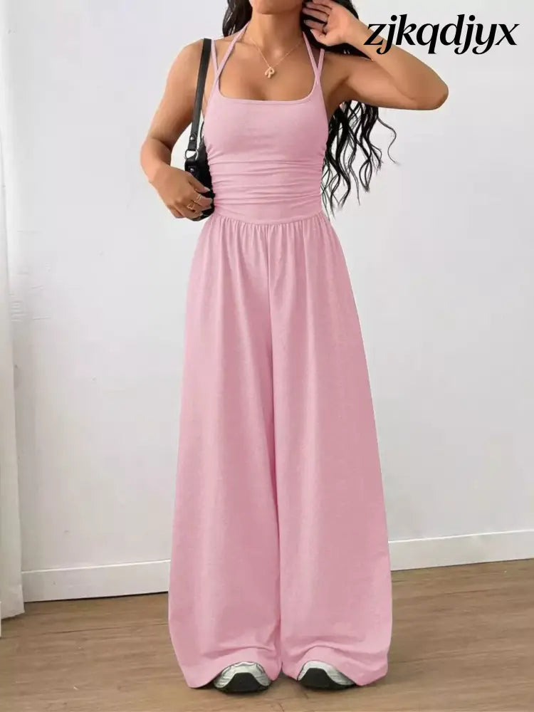 Spaghetti Strap Wide Leg Jumpsuit - Pink / S