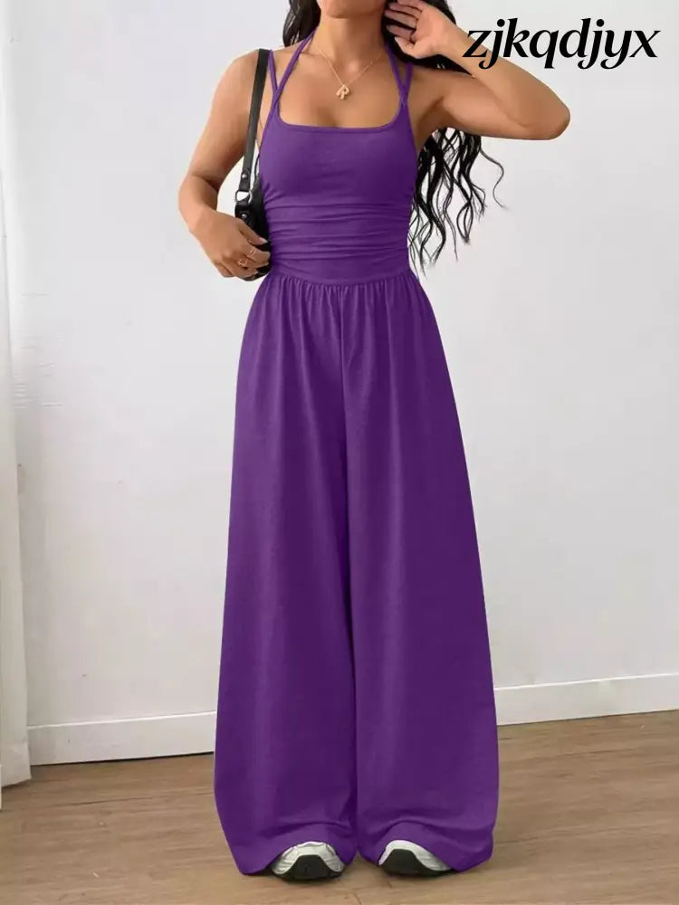 Spaghetti Strap Wide Leg Jumpsuit - Purple / S
