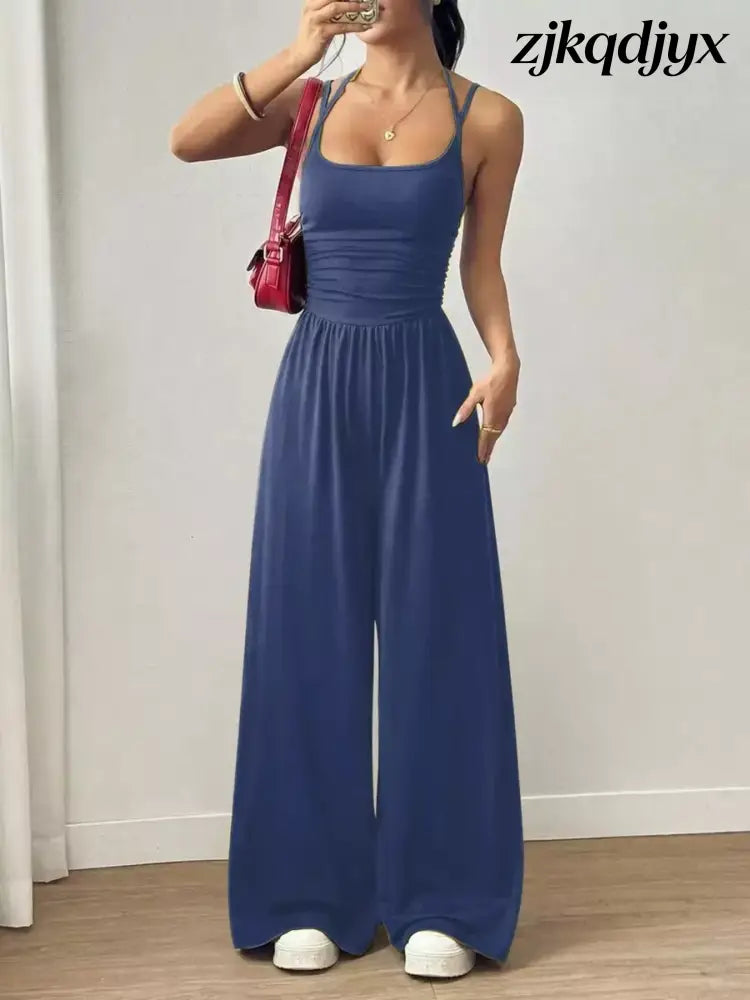 Spaghetti Strap Wide Leg Jumpsuit - Royal Blue / S