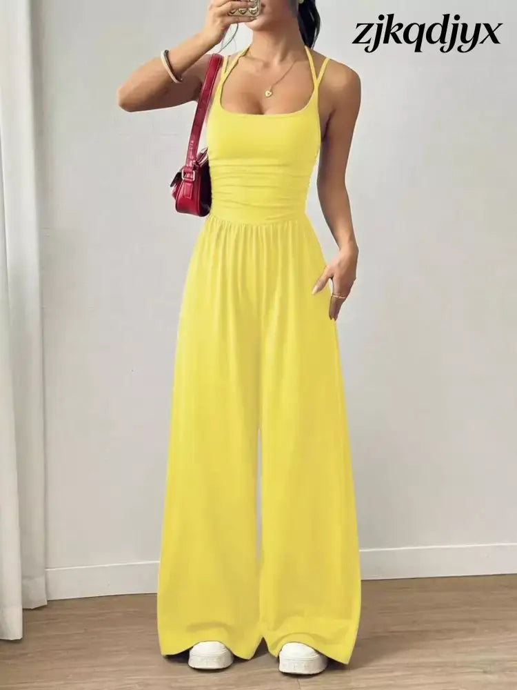 Spaghetti Strap Wide Leg Jumpsuit - Yellow / S