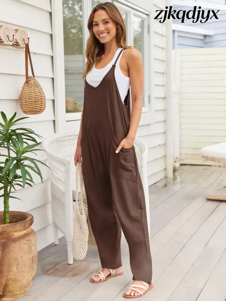 The Everyday V-Neck Sleeveless Jumpsuit with Pockets - Chocolate / S