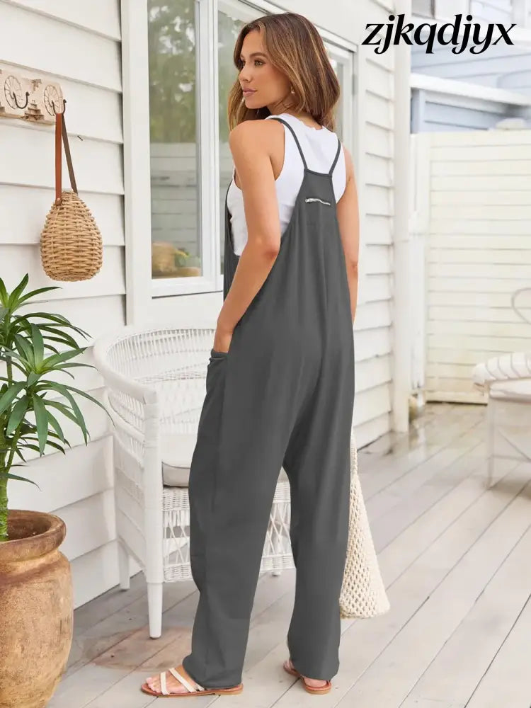 The Everyday V-Neck Sleeveless Jumpsuit with Pockets - Dark Gray / S