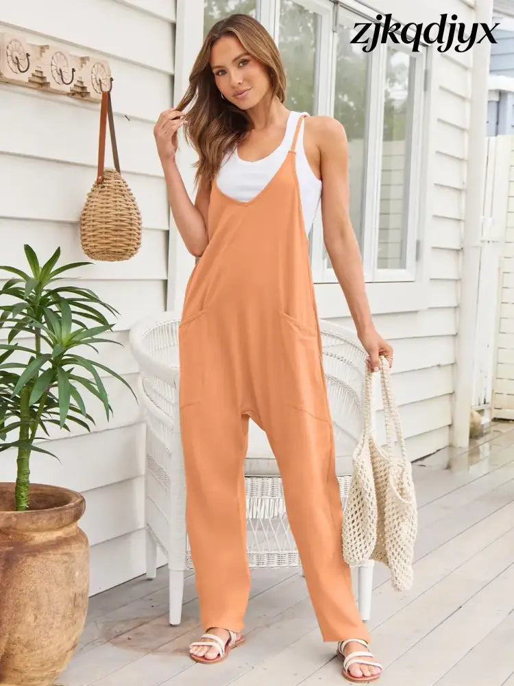 The Everyday V-Neck Sleeveless Jumpsuit with Pockets - Tangerine / S