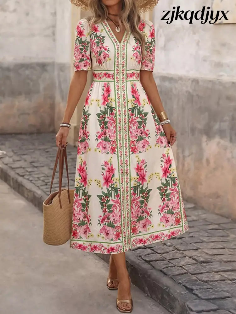 The Magnolia V-Neck Midi Dress - Fuchsia Pink / M