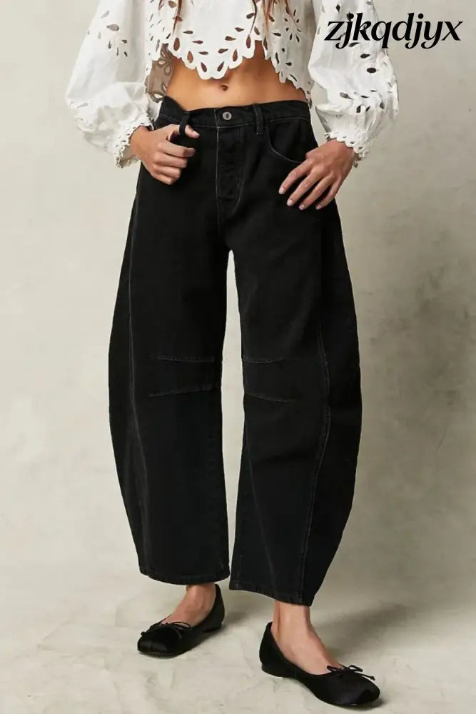 Wide Leg Barrel Jeans - Black / S