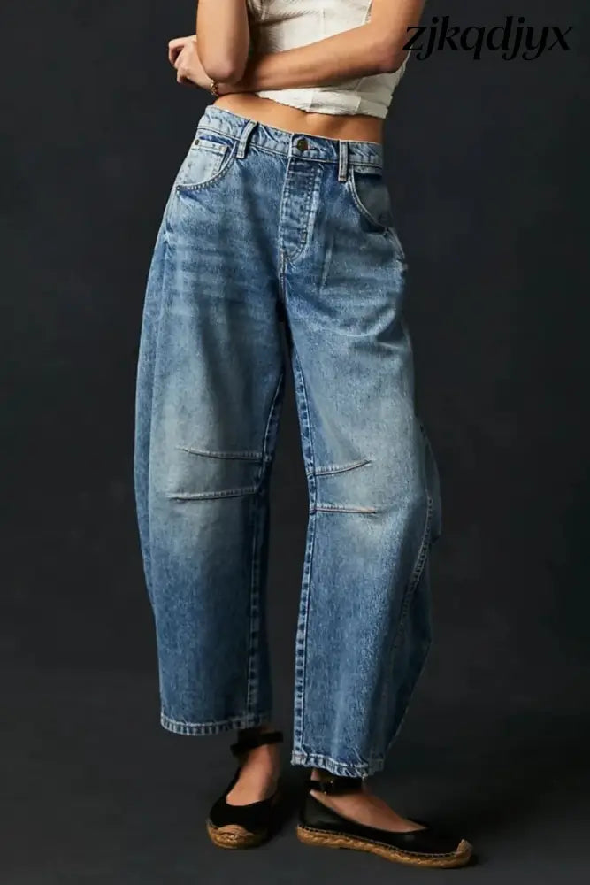 Wide Leg Barrel Jeans - Dusty Blue / S