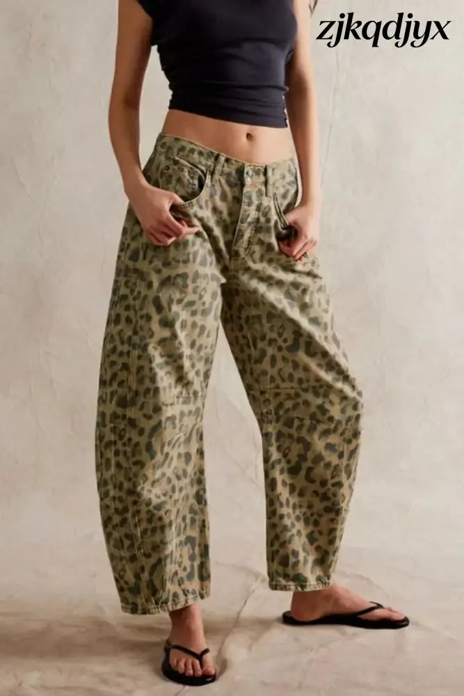 Wide Leg Barrel Jeans - Leopard / S
