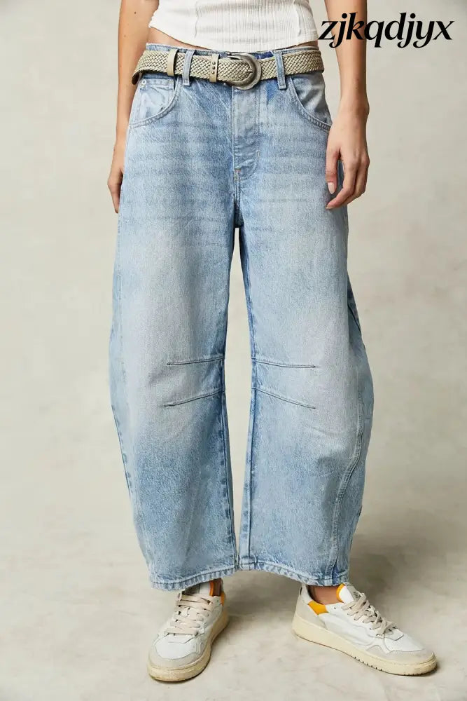 Wide Leg Barrel Jeans - Light Blue / S