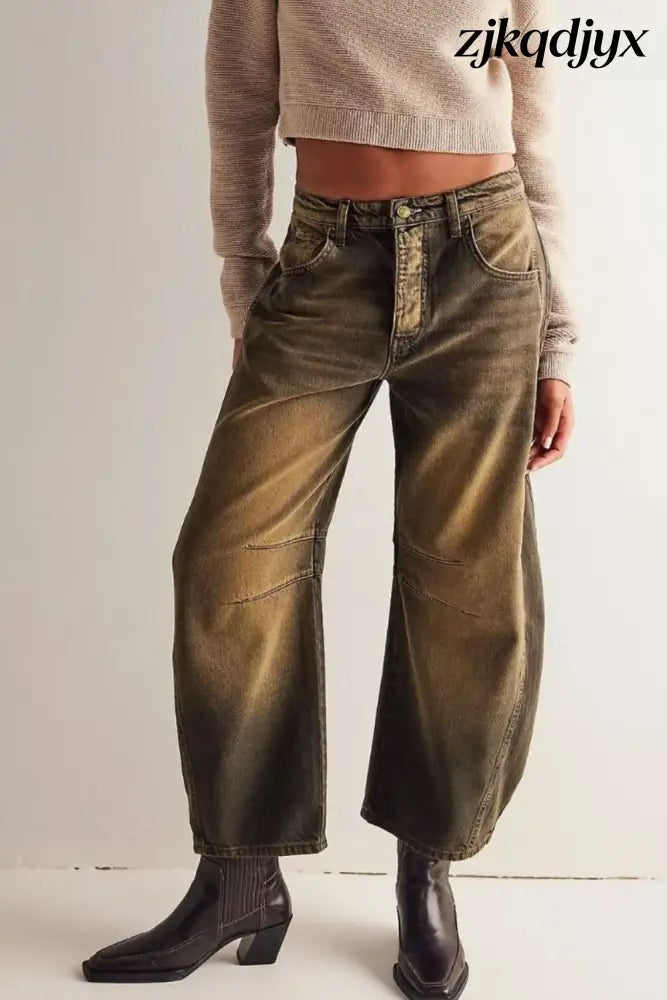 Wide Leg Barrel Jeans - Olive Brown / S