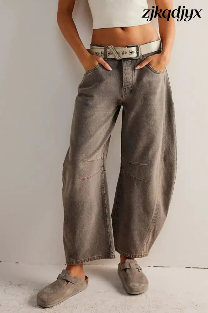 Wide Leg Barrel Jeans - Taupe / S